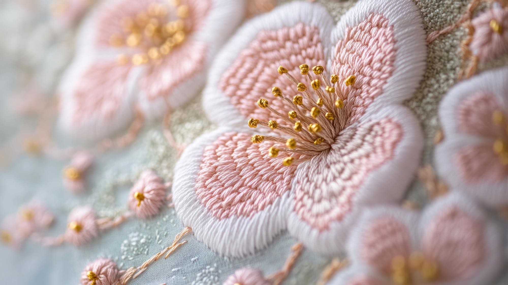 Closeup floral embroidery in pastel threads